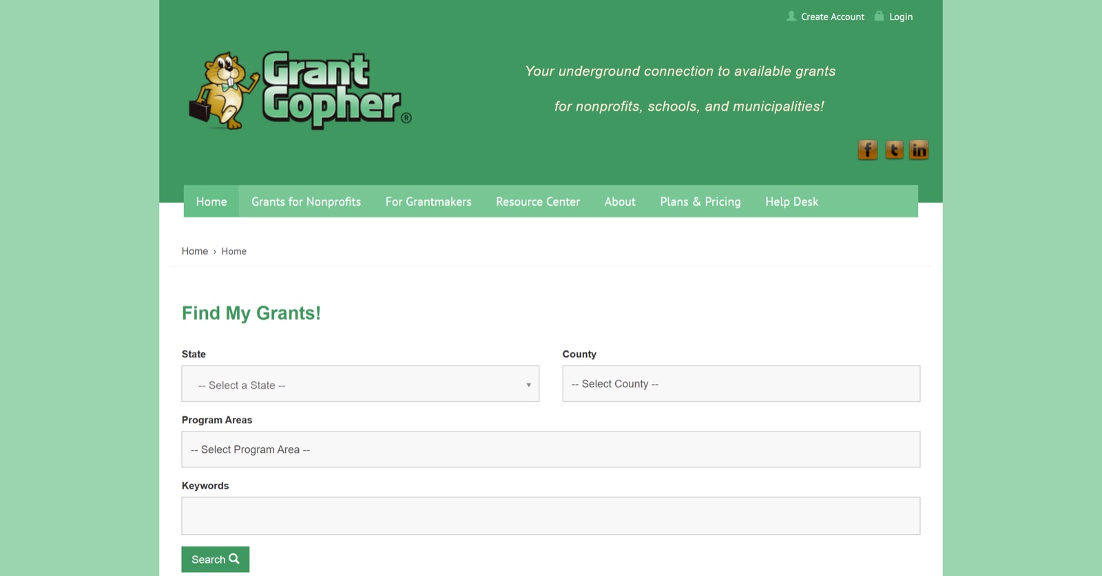 Grant Gopher curated grant listings service homepage